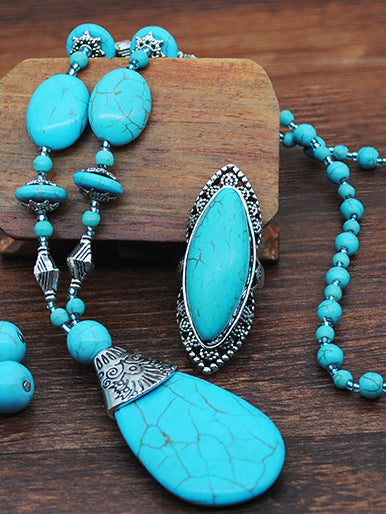 Vintage Turquoise Necklace Earrings Ring Set