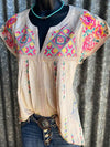 Prettybeautie Printed V-Neck Cap-Sleeve Shirt