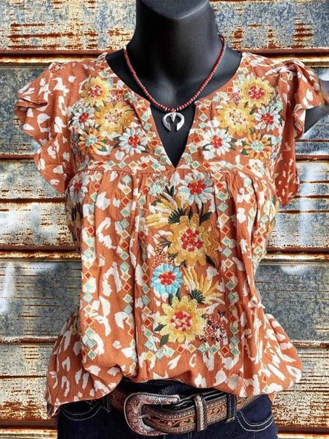 Prettybeautie  Floral-Print V-Neck Frilled Top