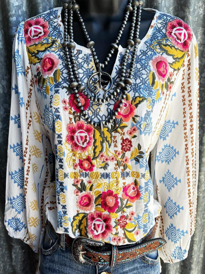 Floral-Print V-Neck Blouse