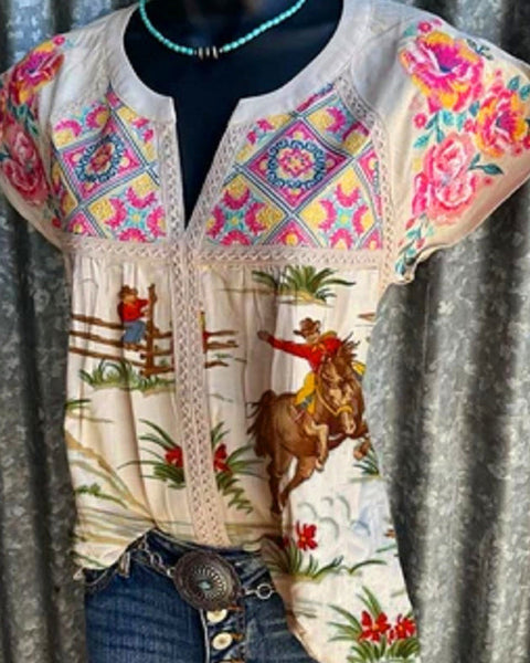 Prettybeautie Printed V-Neck Cap-Sleeve Shirt