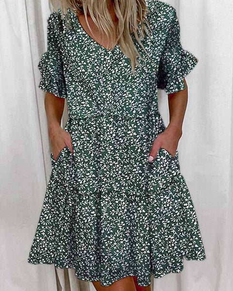 Prettybeautie Printed V-Neck Ruffle Dress