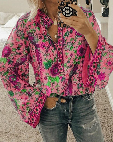 Prettybeautie Printed Button-Front Blouse