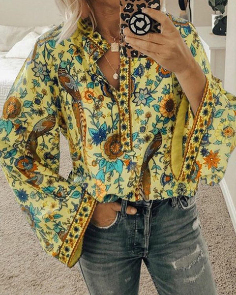 Prettybeautie Printed Button-Front Blouse