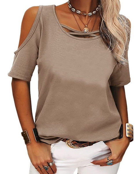 Prettybeautie Cold-Shoulder Crossed-Front Tee