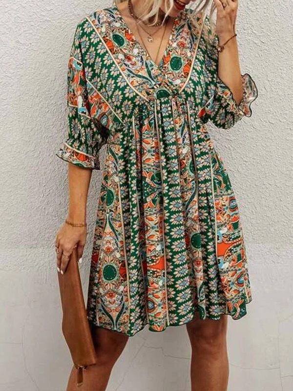 Prettybeautie Printed V-Neck Dress