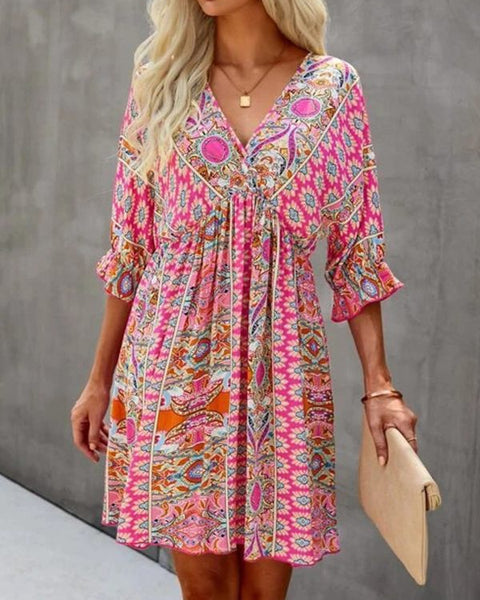 Prettybeautie Printed V-Neck Dress