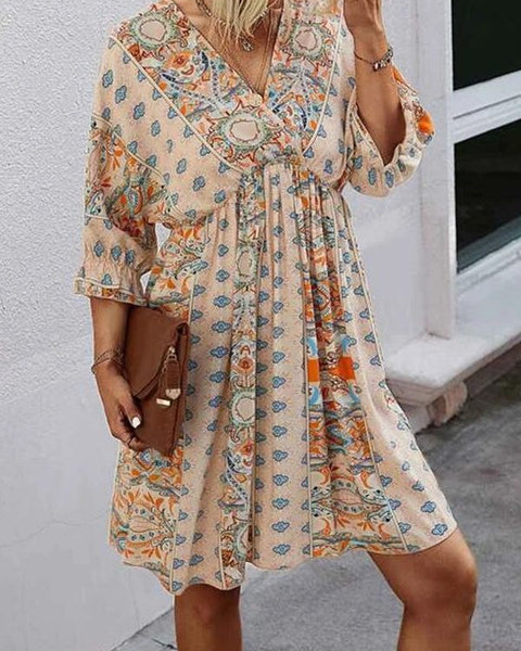 Prettybeautie Printed V-Neck Dress