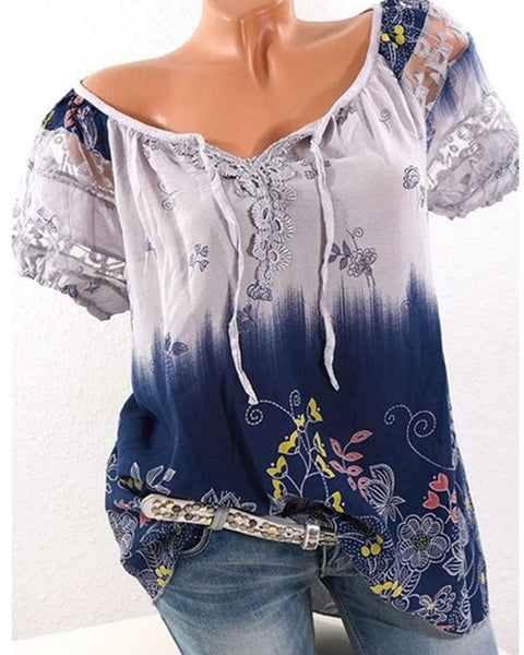 Prettybeautie Printed Lace-Combo Blouse