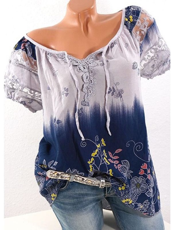 Prettybeautie Printed Lace-Combo Blouse