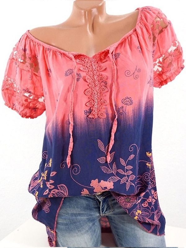 Prettybeautie Printed Lace-Combo Blouse