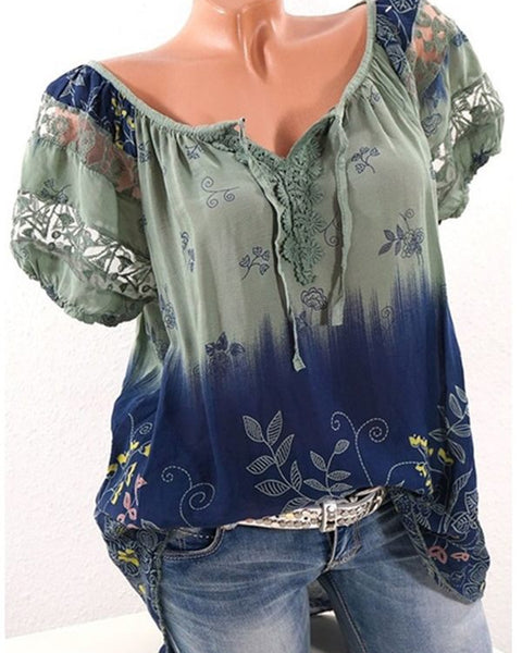 Prettybeautie Printed Lace-Combo Blouse