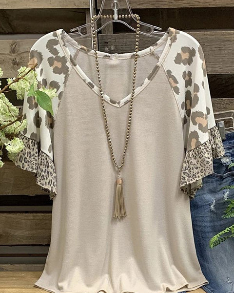 V-Neck Leopard Combo Ruffle Tee
