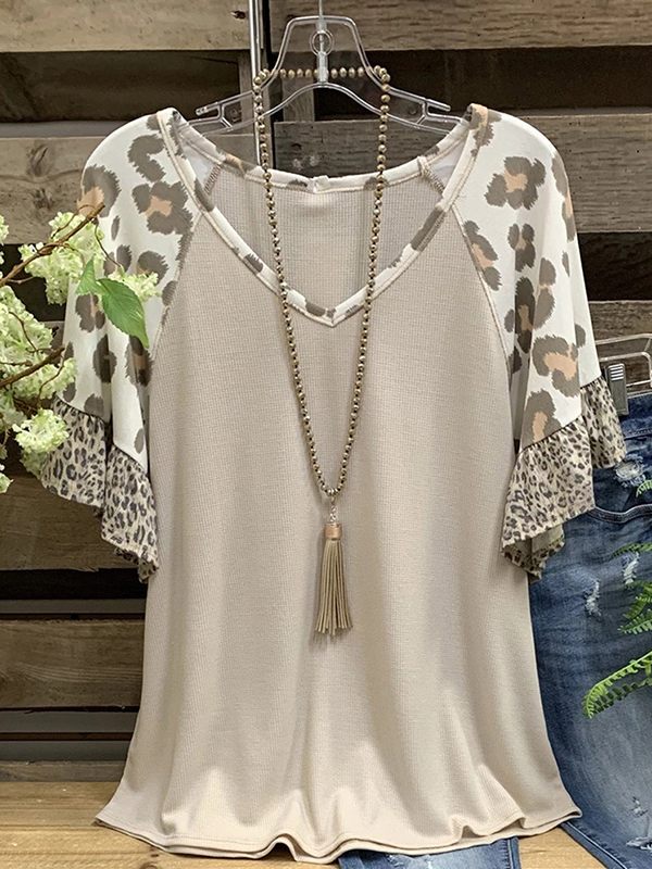 V-Neck Leopard Combo Ruffle Tee