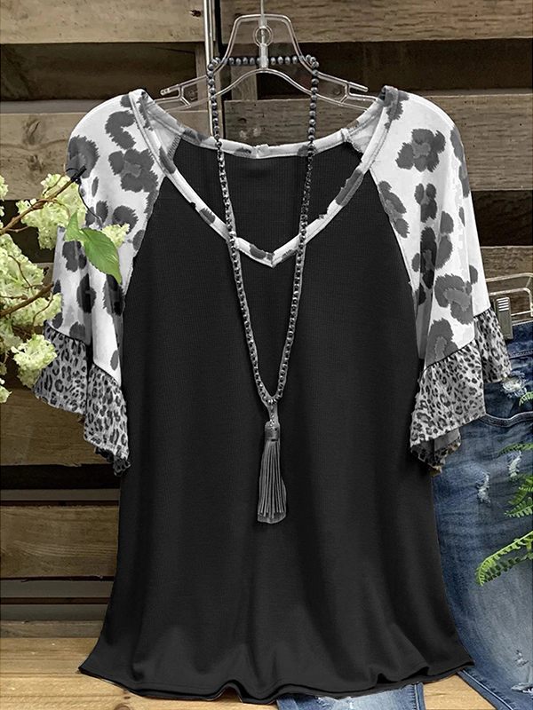 V-Neck Leopard Combo Ruffle Tee