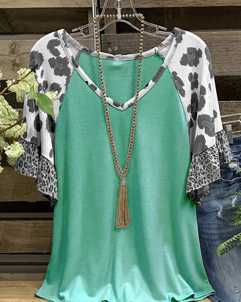 V-Neck Leopard Combo Ruffle Tee