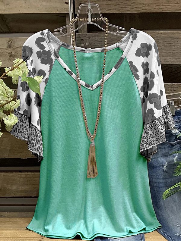 V-Neck Leopard Combo Ruffle Tee