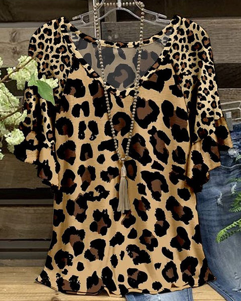 Prettybeautie V-Neck Leopard Printed  Ruffle Tee