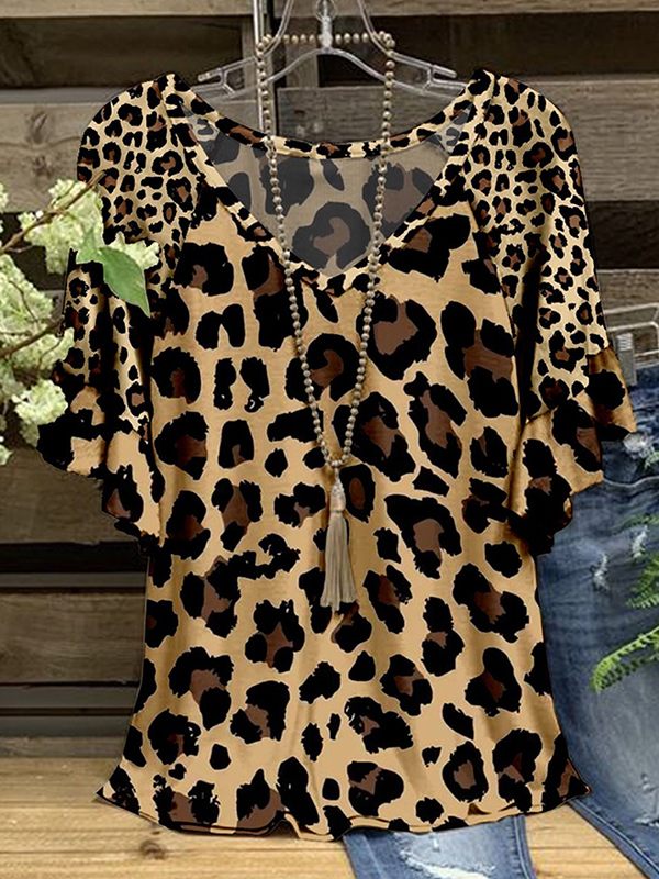 V-Neck Leopard Printed  Ruffle Tee