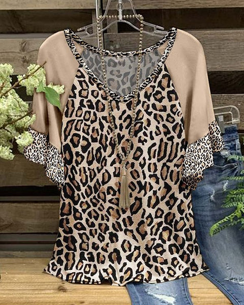 Prettybeautie V-Neck Leopard Printed  Ruffle Tee