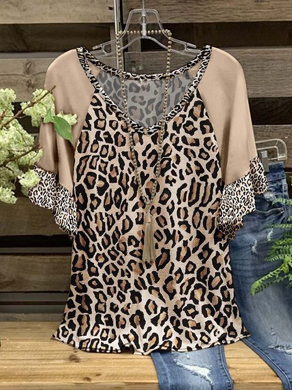 V-Neck Leopard Printed  Ruffle Tee