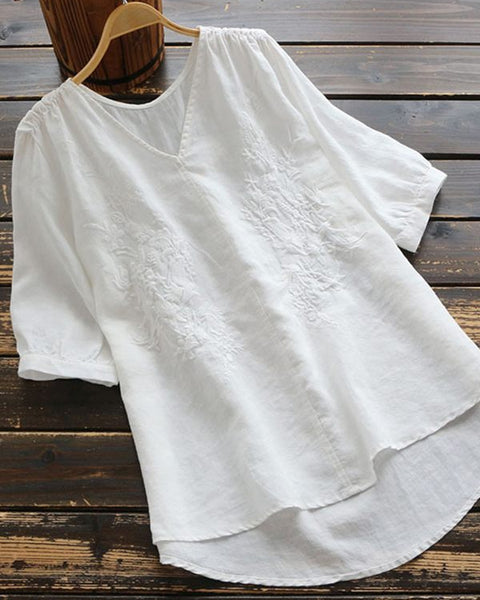 Solid V-Neck Embroidery Blouse