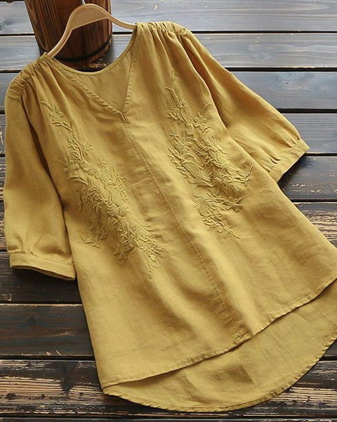 Solid V-Neck Embroidery Blouse