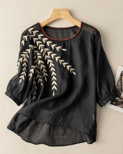 Prettybeautie Leaf-Embroidery Tee