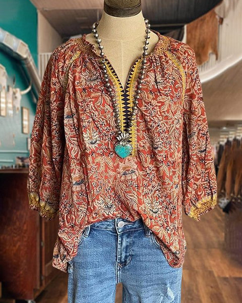 Prettybeautie Printed Puff-Sleeve Blouse