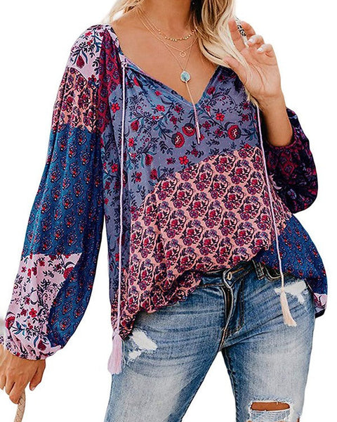 Prettybeautie Printed V-Neck Blouse