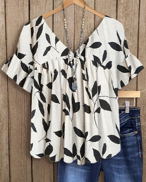 Prettybeautie Printed V-Neck Blouse