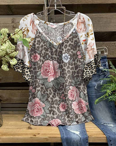 Leopard-Combo V-Neck Tee