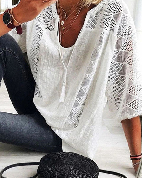 Prettybeautie Lace-Combo V-Neck Blouse