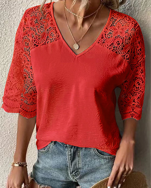 Prettybeautie Lace-Combo V-Neck Tee
