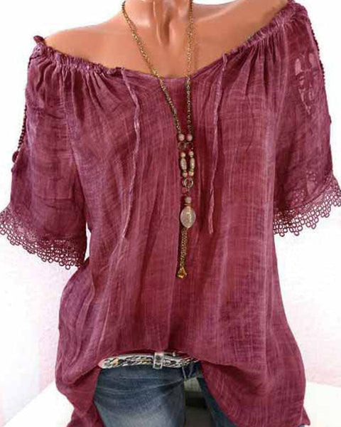 Lace-Combo Off-Shoulder Tee--Clearance