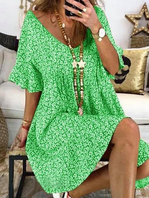 Prettybeautie Printed V-Neck Bell-Sleeve Dress