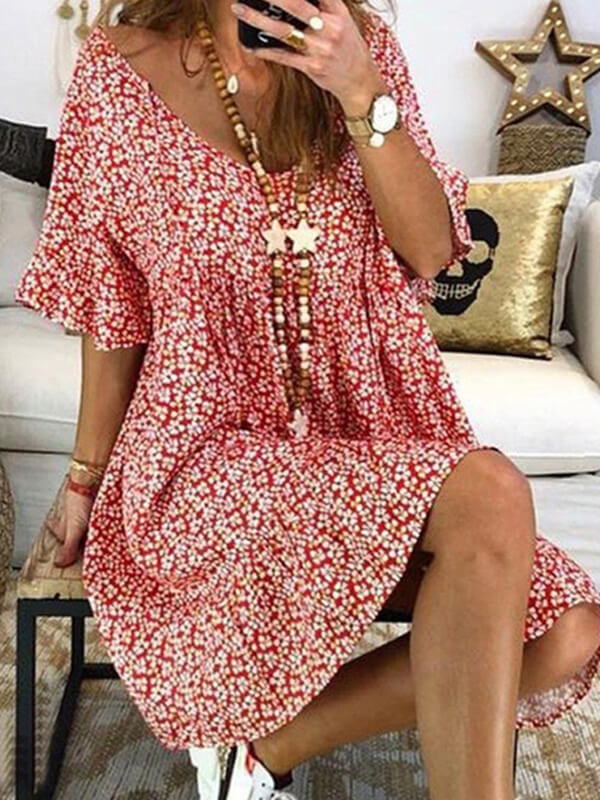 Prettybeautie Printed V-Neck Bell-Sleeve Dress