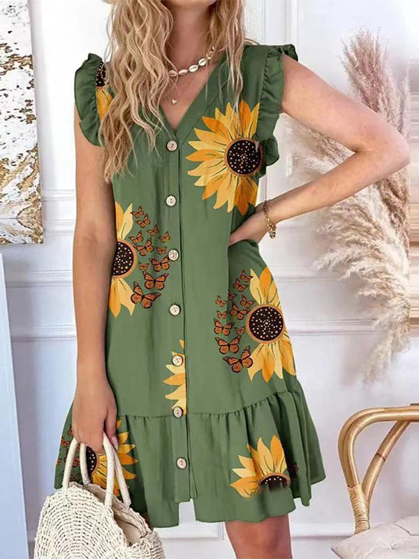 Prettybeautie Printed Button-Front Dress