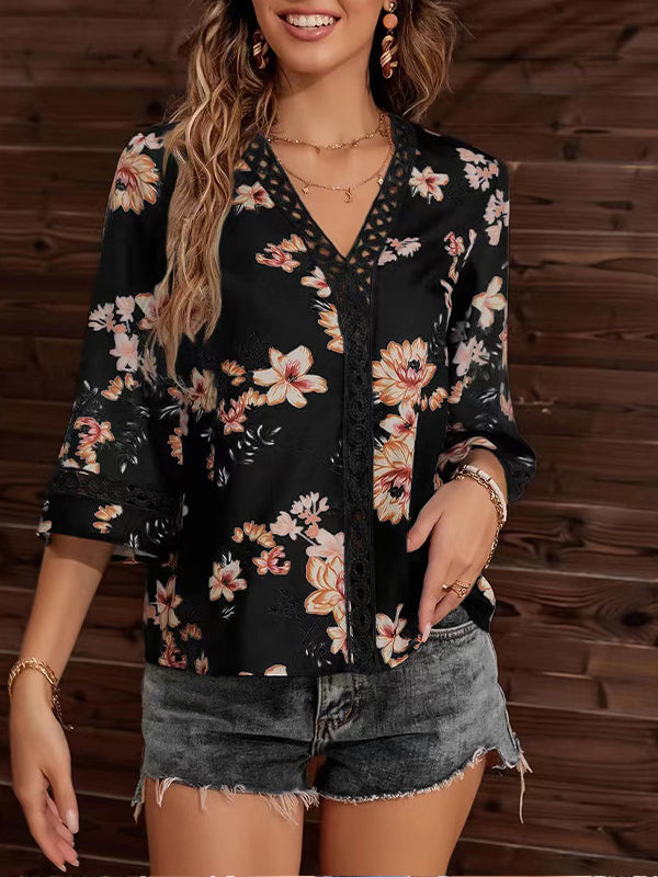 Lace-Combo V-Neck Blouse