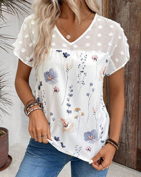 Lace-Combo V-Neck Blouse