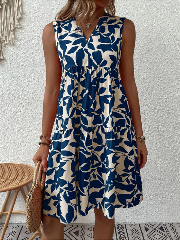Prettybeautie Printed V-Neck Sleeveless Dress