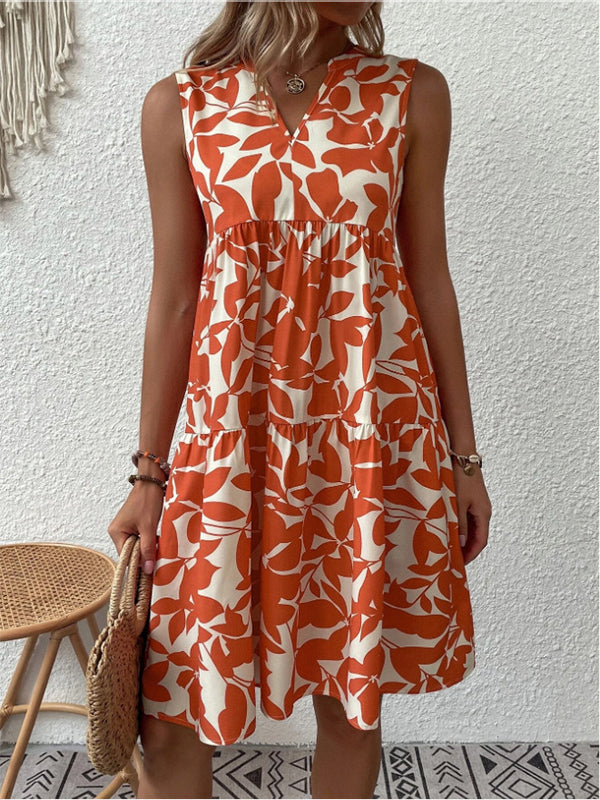 Prettybeautie Printed V-Neck Sleeveless Dress
