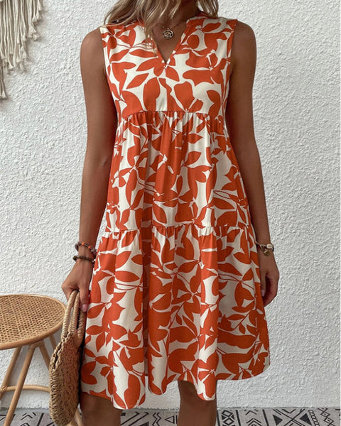 Prettybeautie Printed V-Neck Sleeveless Dress