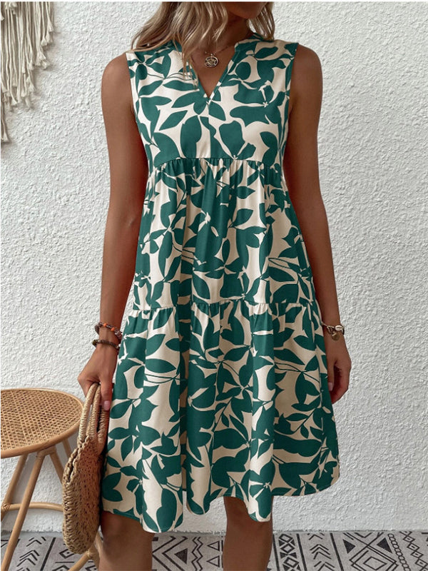 Prettybeautie Printed V-Neck Sleeveless Dress