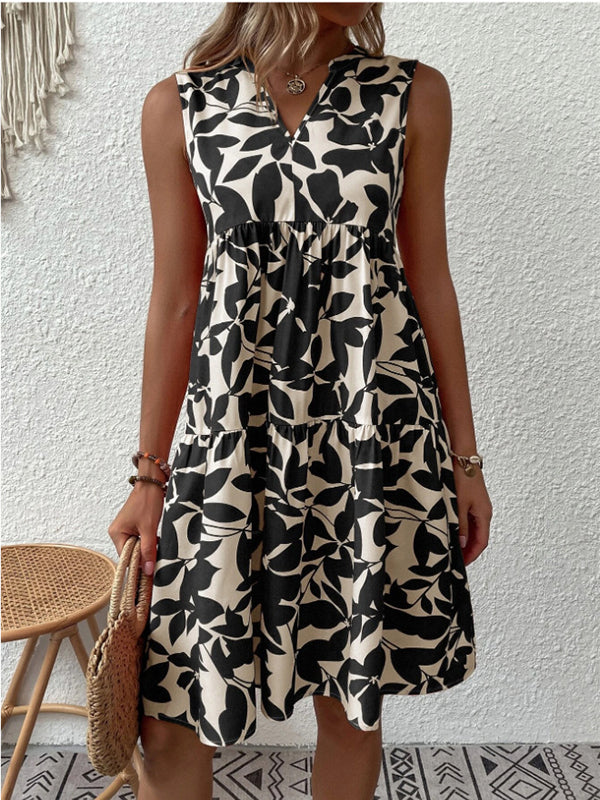 Prettybeautie Printed V-Neck Sleeveless Dress