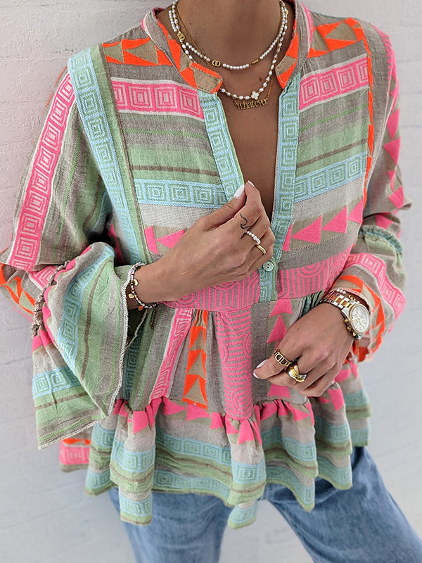 Prettybeautie Printed V-Neck Blouse