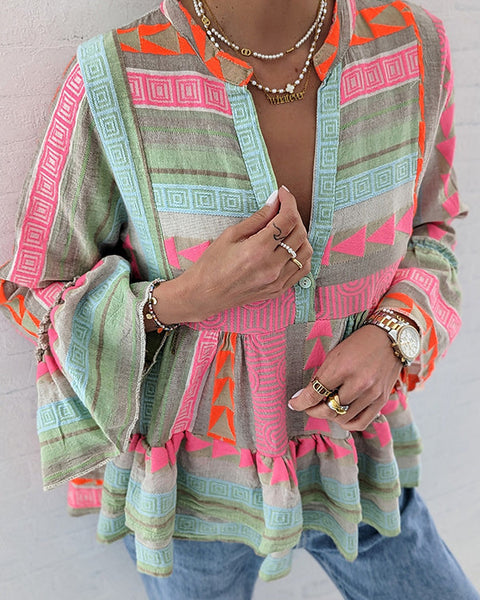 Prettybeautie Printed V-Neck Blouse