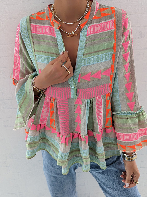 Prettybeautie Printed V-Neck Blouse