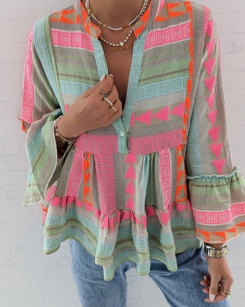 Prettybeautie Printed V-Neck Blouse