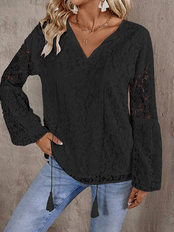 Solid V-Neck Lace Blouse